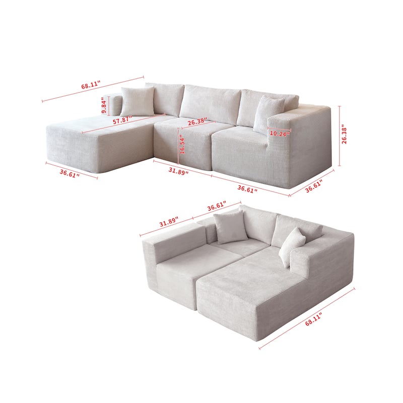 Mid-Century Modern L Shaped 3-Seat Fabric Sofa, Beige