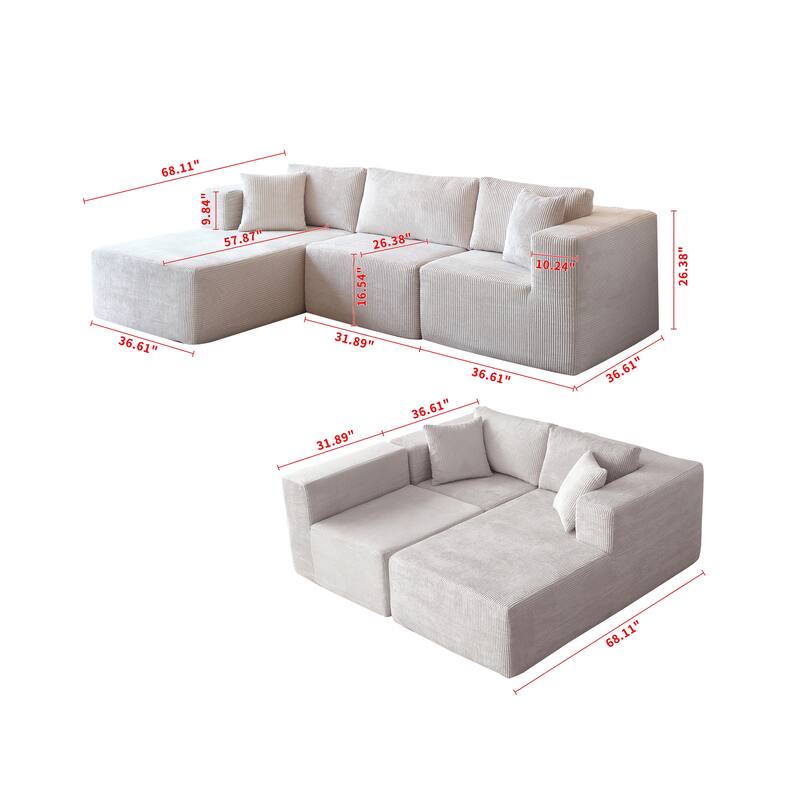 Modular Sectional Sofa 3-Seat Sofa Bed L Shaped Sleeper Couch wOttoman