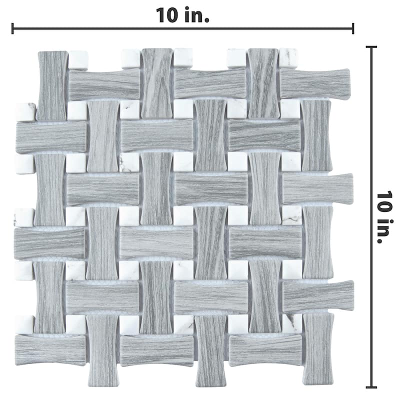 Merola Tile Llama Dog Bone Basketweave Silver Smoke/Calacatta Dot 10" x 10" Porcelain Floor and Wall Tile