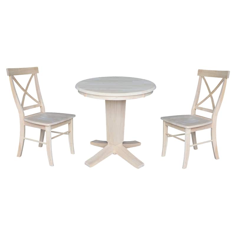 30 in Solid Wood Round Top Pedestal Dining Table with 2 Dining Chairs - Unfinished