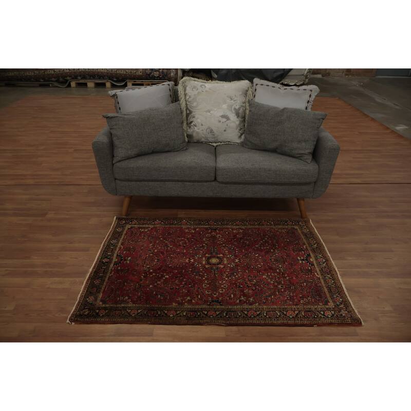 Hand Knotted Oriental 100% Wool Carpet Traditional Floral Red Sarouk Area Rug - 4' 10'' X 3' 4''