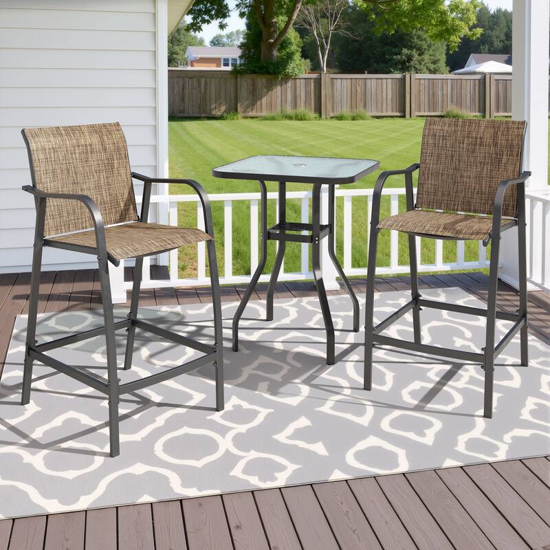 Outdoor Bar Stools Patio Bar Chairs and Glass Bar Table with Umbrella Hole