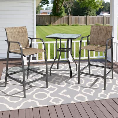 Outdoor Bar Stools Patio Bar Chairs and Glass Bar Table with Umbrella Hole