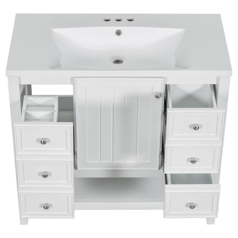 36-Inch Bathroom Vanity with Ceramic Sink - Solid Wood Frame, 3 Drawers, 1 Cabinet & Shelf - Modern Freestanding Design