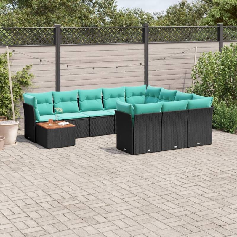 vidaXL 11 Piece Patio Sofa Set with Cushions Black Poly Rattan - 24.4x24.4x27.2 Washable, removable cushion cover