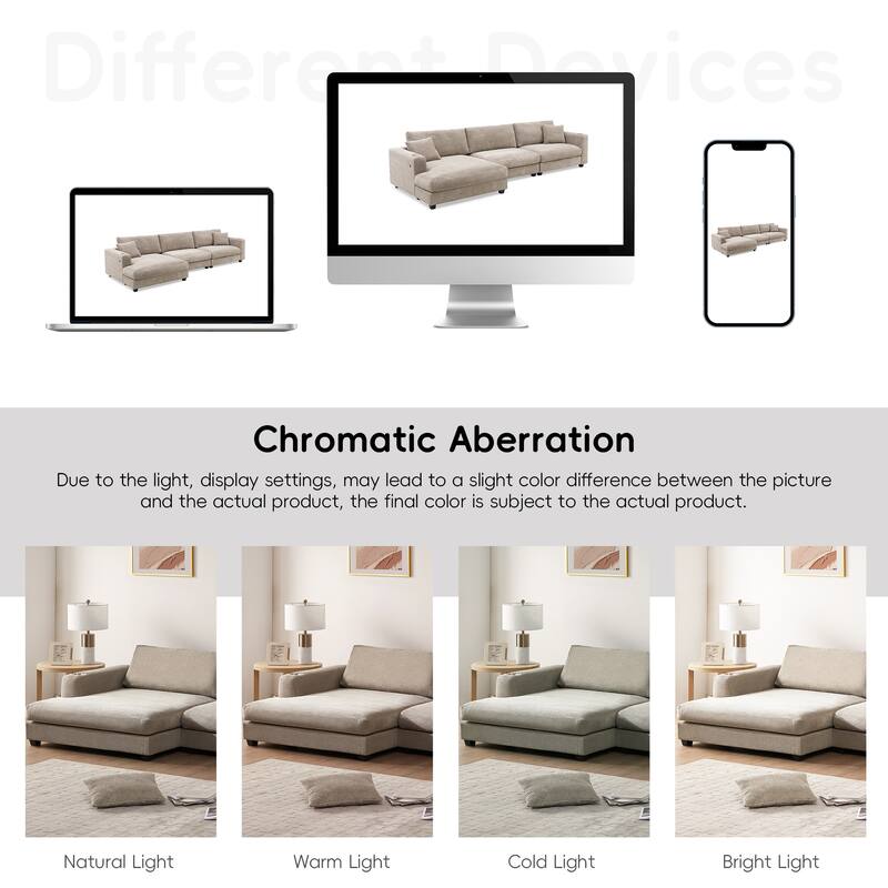 Spacious 4-Seater Corduroy Cloud Couch with Chaise, USB Charging Ports, and Cup Holders