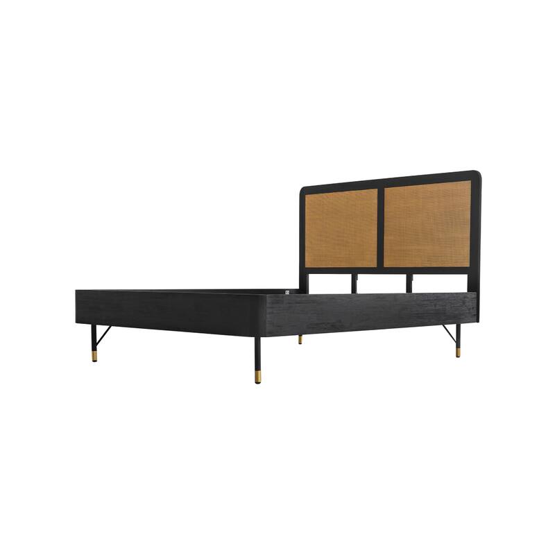 Theo 3pc Queen Bedroom Set w Rattan Headboard, 1 Nightstands, Black Acacia Wood