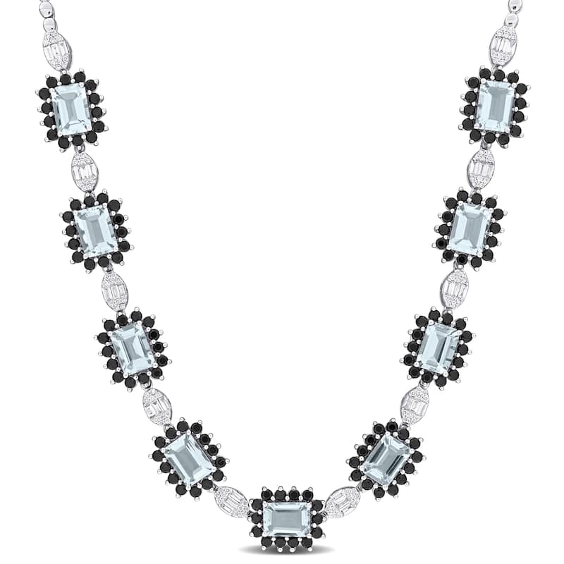 Miadora 12 1/2ct TGW Aquamarine Black Sapphire 1 1/8ct TDW Diamond Station Necklace 14k White Gold