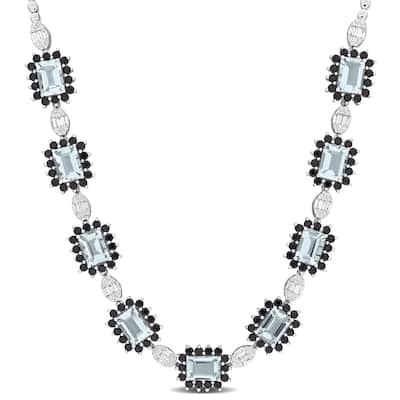 Miadora 12 1/2ct TGW Aquamarine Black Sapphire 1 1/8ct TDW Diamond Station Necklace 14k White Gold