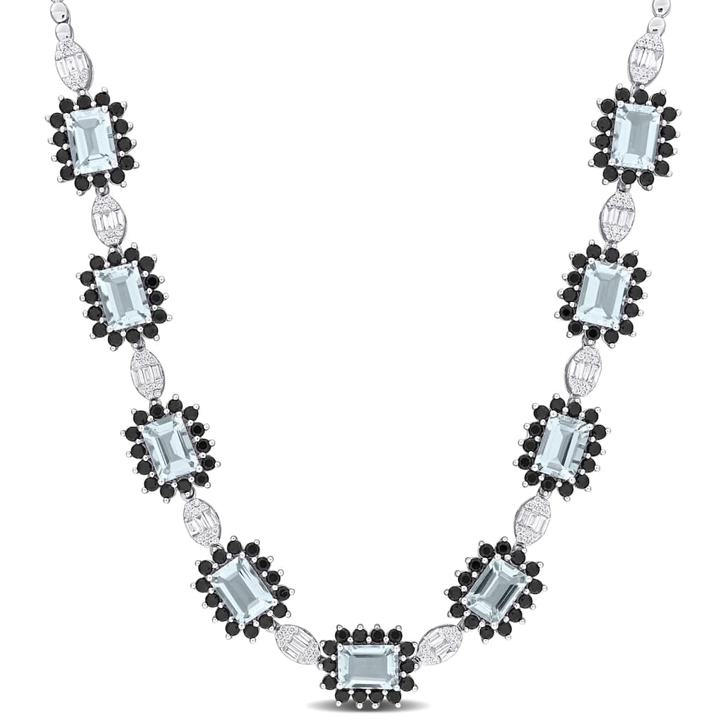 Miadora 12 1/2ct TGW Aquamarine Black Sapphire 1 1/8ct TDW Diamond Station Necklace 14k White Gold