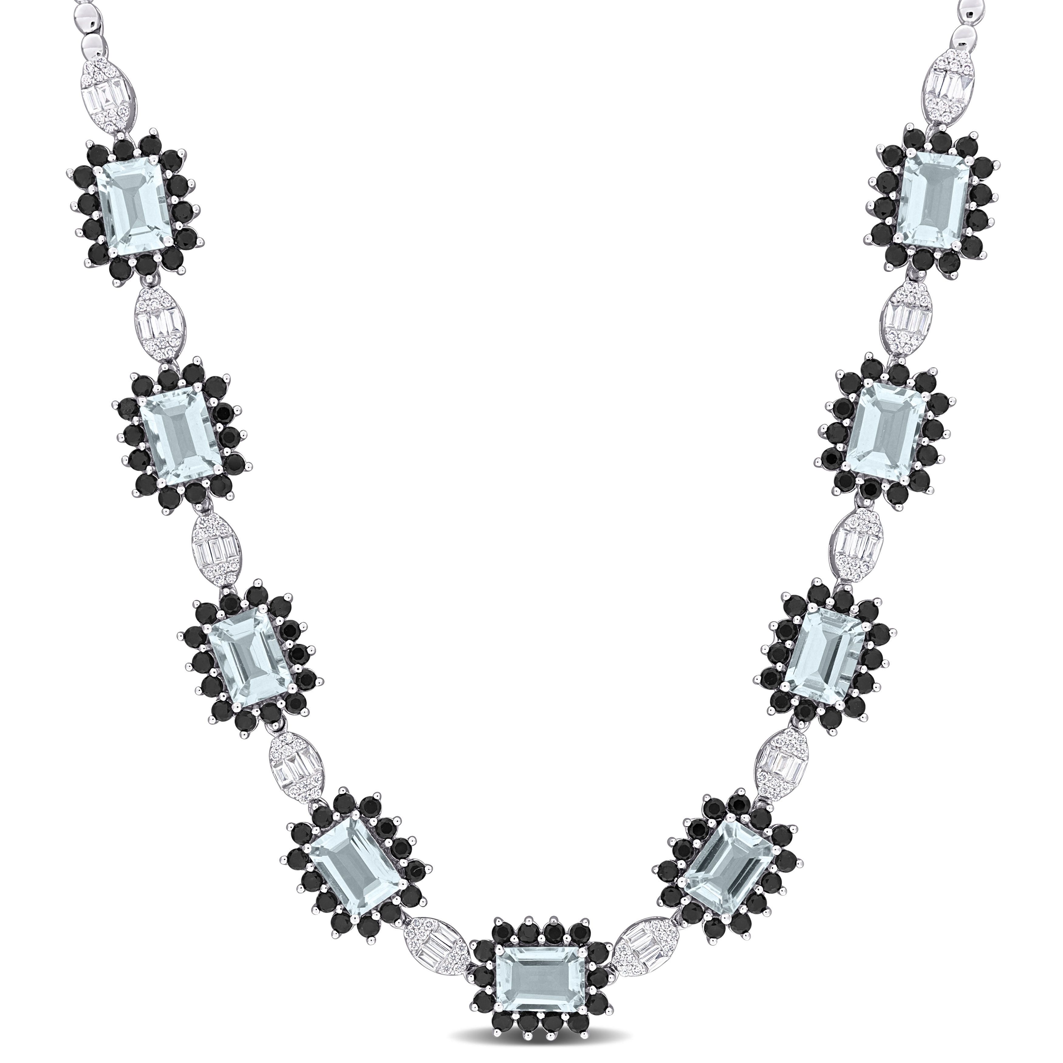 Miadora 12 1/2ct TGW Aquamarine Black Sapphire 1 1/8ct TDW Diamond Station Necklace 14k White Gold