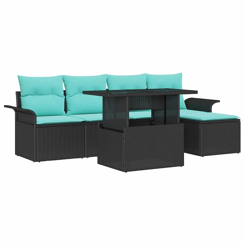 vidaXL 6 Garden Sofa Set with Cushions Black/Brown/Grey Poly Rattan - 98.8 x 46.1 x 27.2