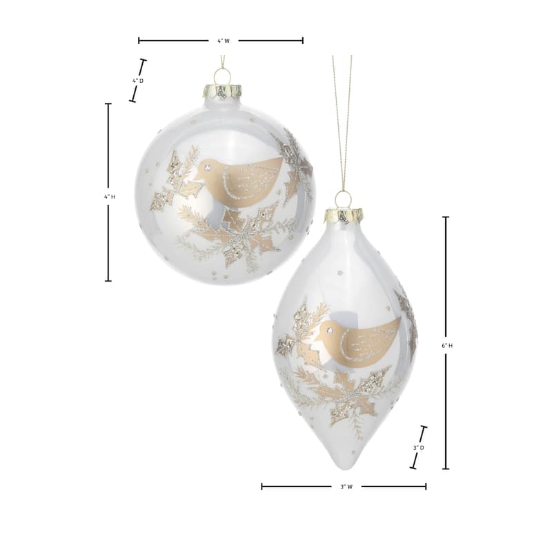 4-6" Glass Dove Ball And Finial Ornament Set of 2