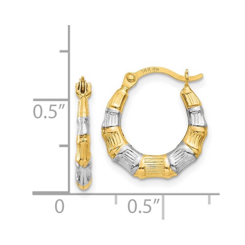 Curata 14k Yellow Gold and Rhodium 3x14mm Bamboo Hoop Earrings