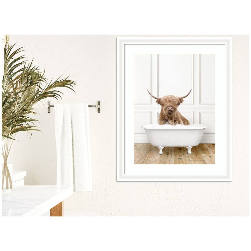 Kate and Laurel Highland Cow in Traditional Vintage Bathtub by Amy Peterson Framed Wall Art Print
