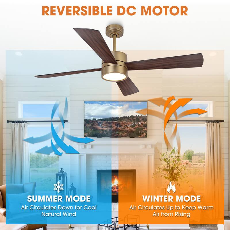 52" Modern Gold Integrated LED Dimmable Reversible Smart Ceiling Fan with RGB Light, Remote and APP Control