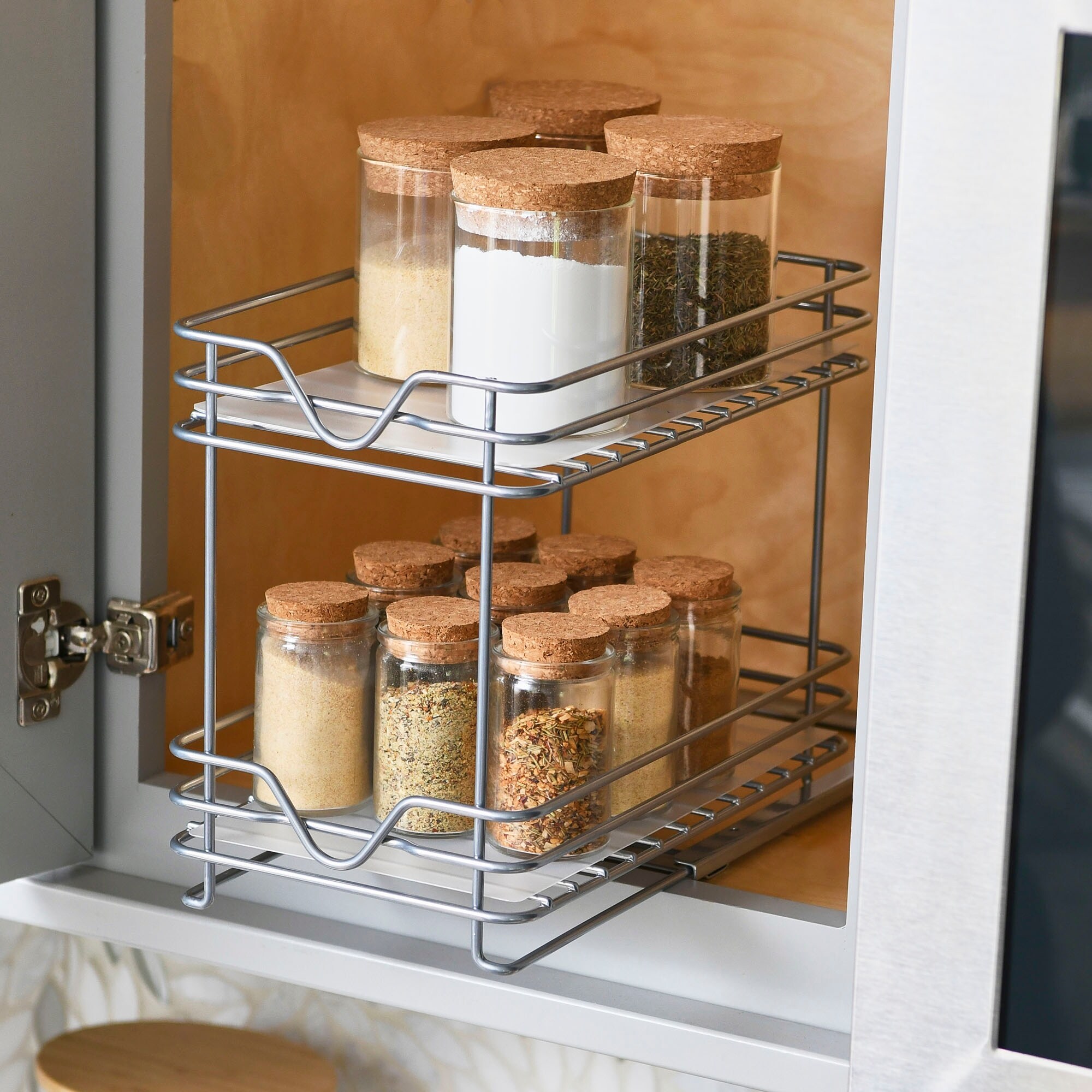 Household Essentials 2 Tier Brushed Nickel Spice Rack Organizer Sliding Pantry Organizer
