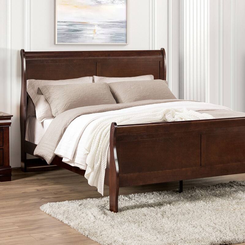 Twin Size Dark Cherry Sleigh Bed with Wooden Bracket Feet - Cherry