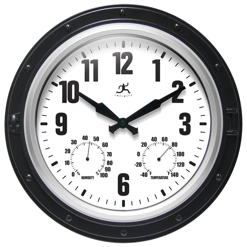 Forecaster Indoor/Outdoor Patio Garden 16 inch Wall Clock Thermometer by Infinity Instruments - 16 x 2.25 x 16 - Black/Silver