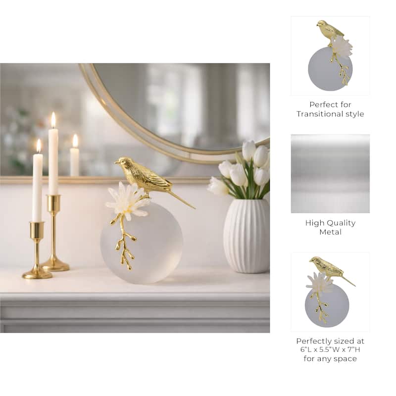 Metal Bird Statue with Crystal Sphere Base - 7", Gold & White - 7.0"