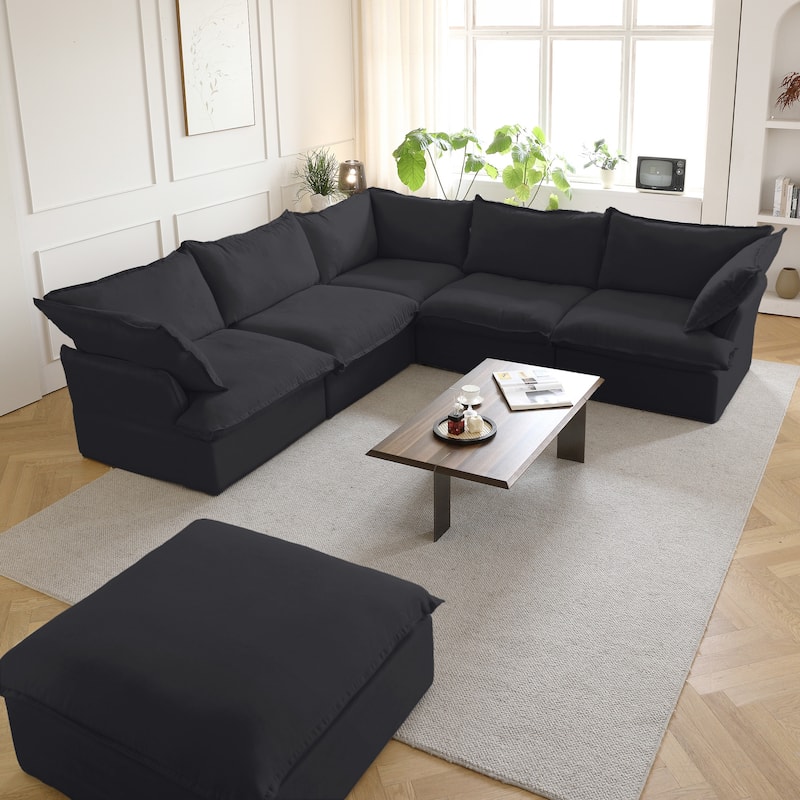 6-Piece Upholstered Sectional Corner Sofas - Black