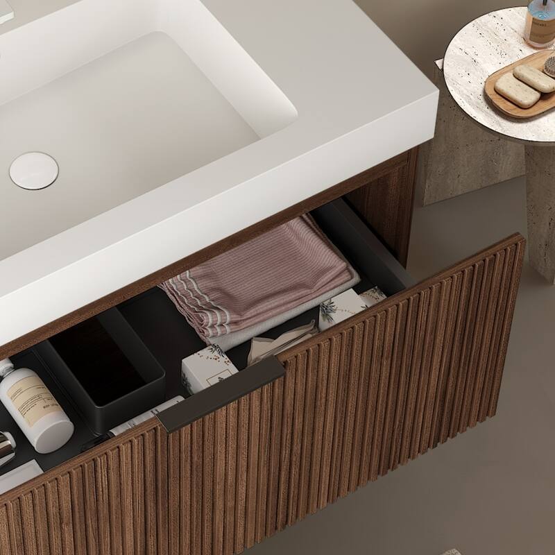 Bathroom Vanity with Retro Walnut Texture, Spacious Drawer, Open Towel Shelf, Durable Plywood Cabinet