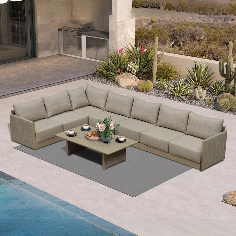 PURPLE LEAF Santorini 4-13 Piece Khaki Sofa with Ottoman and Cushion for Poolside Garden Couch Outdoor Patio Conversation Sets - 7-Piece+1-Table - L-shaped