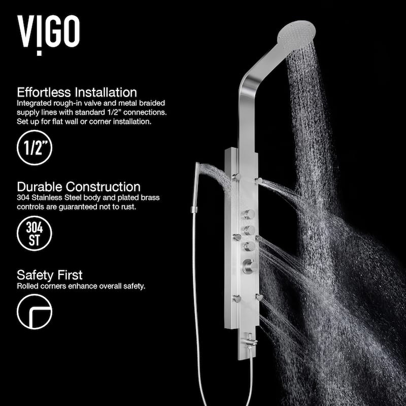 VIGO Mateo 60" H x 7" W 6-Jet Shower Panel with Fixed Rainhead in Stainless Steel