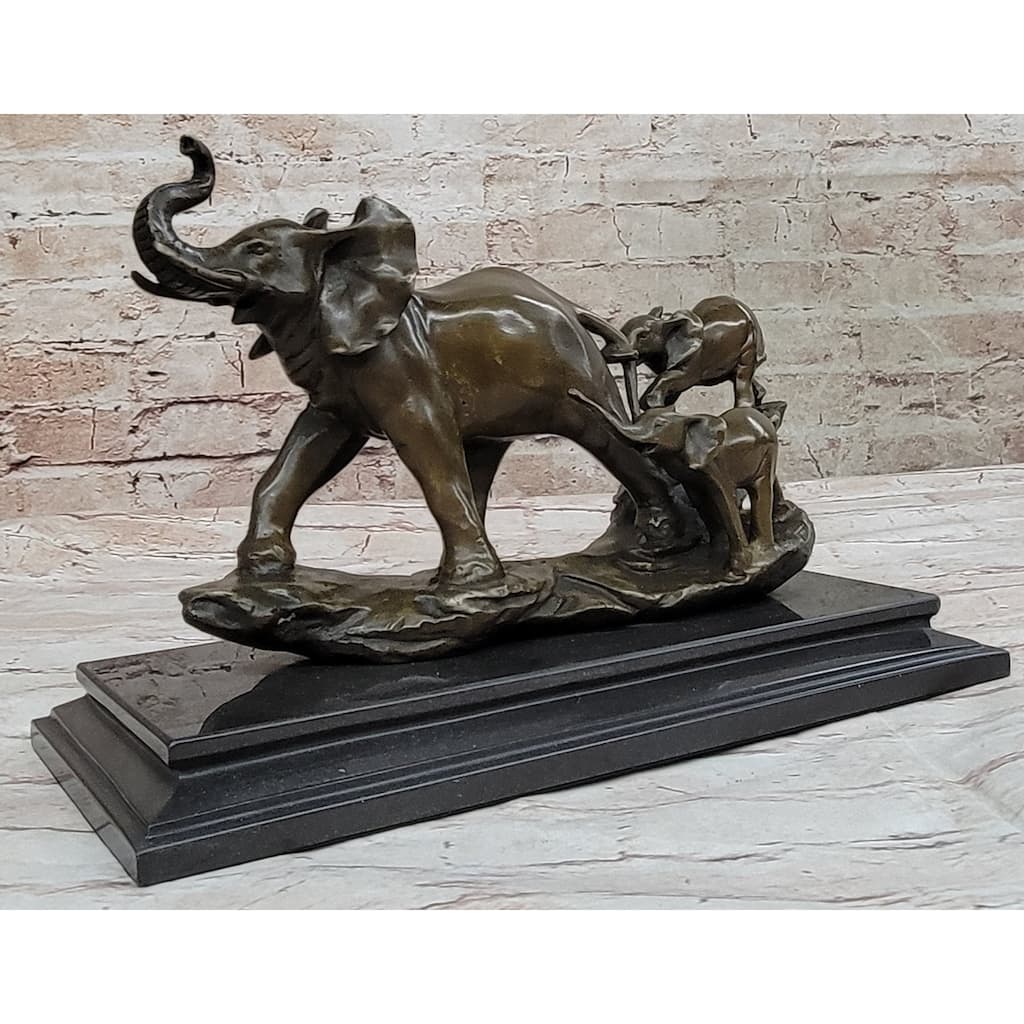 Mother Elephant And Baby Calf Bronze Statue Sculpture Original Art On Marble Base