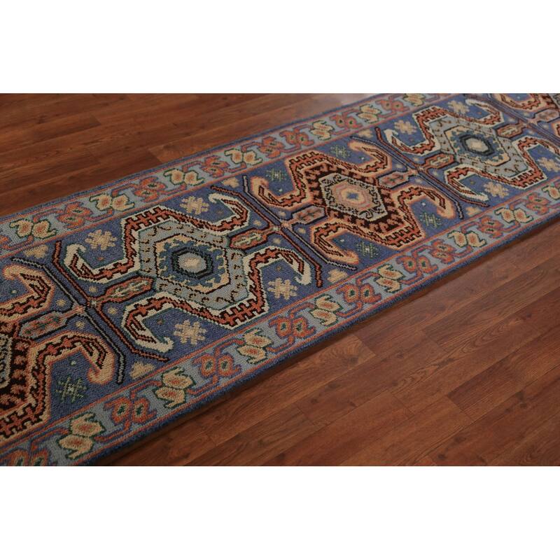 Geometric Kazak Indian Runner Rug Handmade Blue Wool Carpet - 2'6"x 9'10"