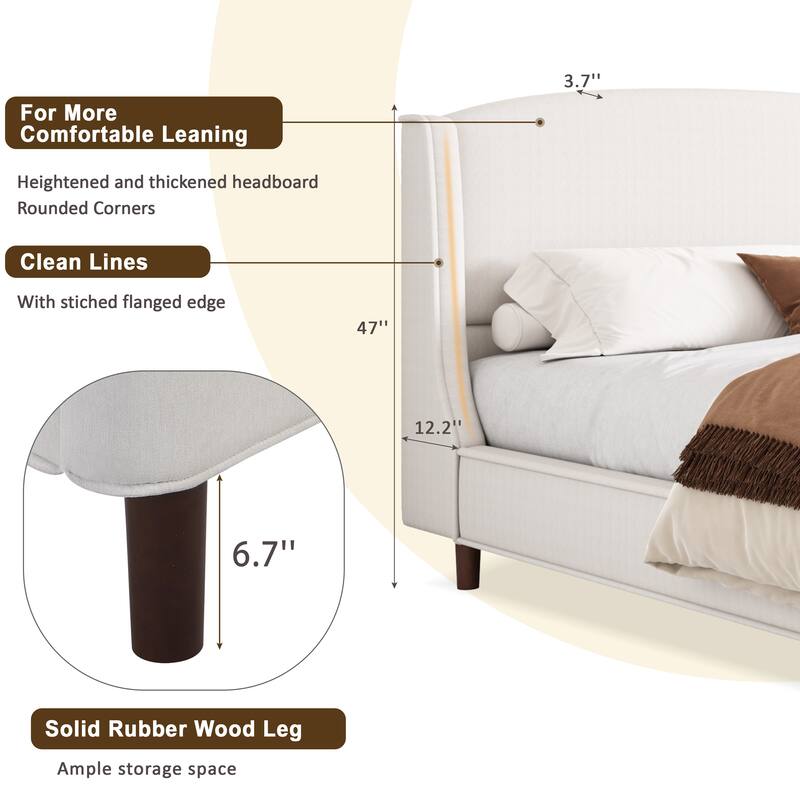 Linen Fabric Upholstered Platform Bed Frame with Wood Slat Frame Built-in Metal Legs Support Wingback Bed