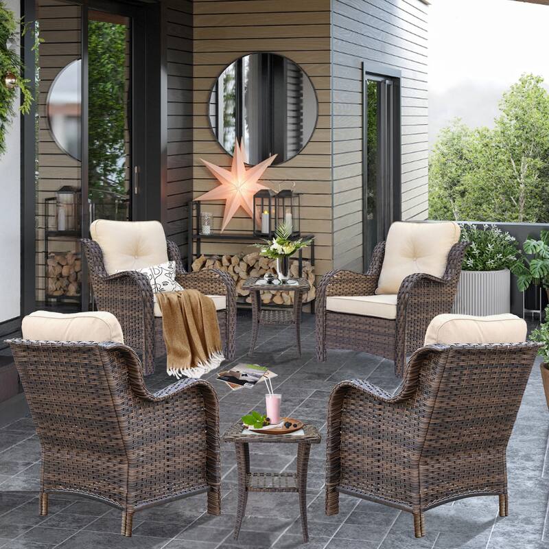 Brown Wicker Outdoor Patio Conversation Seating Sets with Beige Cushions - 6 Piece - Beige