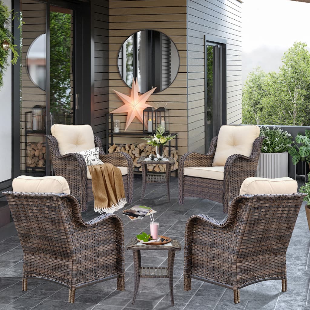 Brown Wicker Outdoor Patio Conversation Seating Sets with Beige Cushions