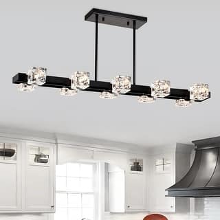 LunaDrift 8-Light Modern Farmhouse Rectangle Chandelier, Black Pendant Light with Crystal Shades for Dining Room, Kitchen Island