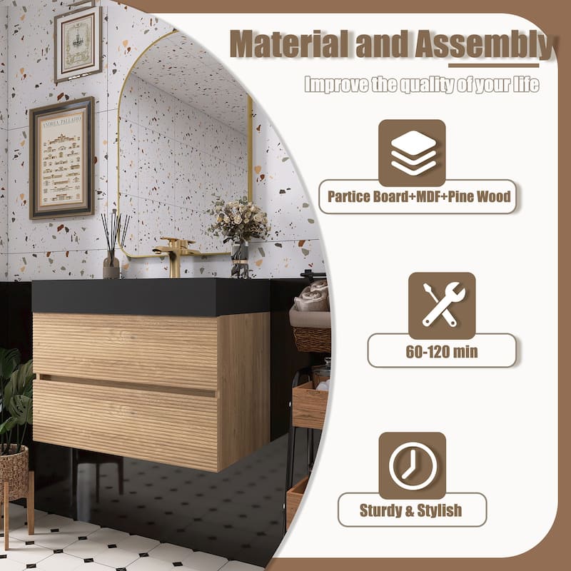 Wall Mounted Bathroom Vanity with Solid Surface Sink and Soft Drawers