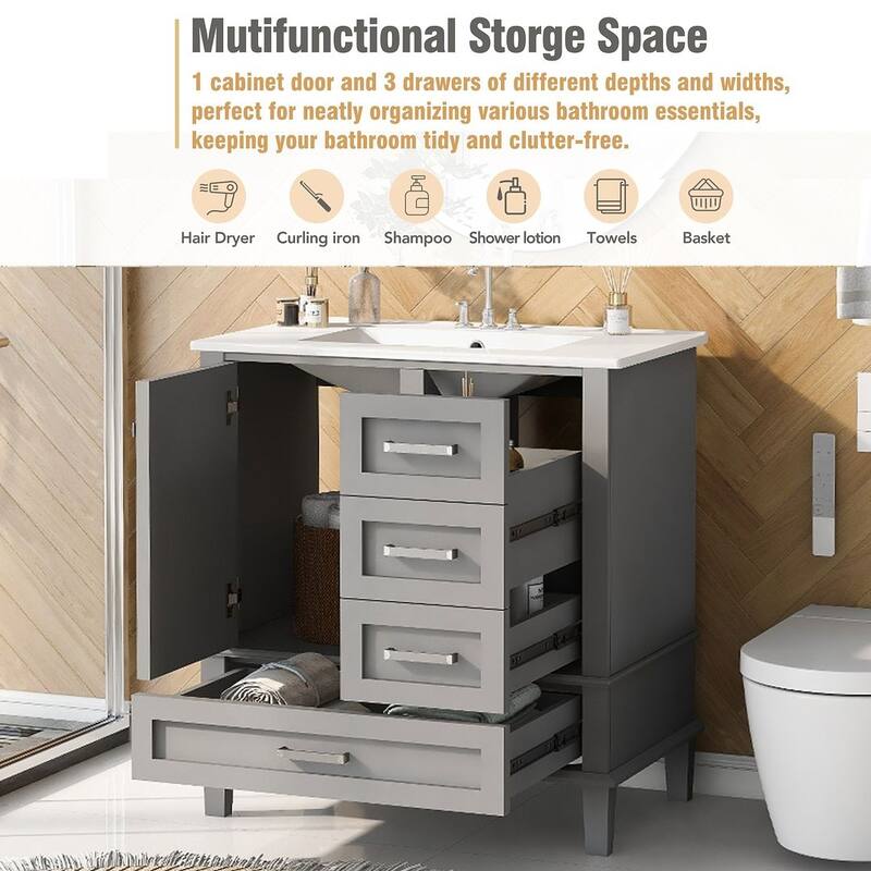 30" Bathroom Vanity With Sink, Solid Wood Bathroom Storage Cabinet