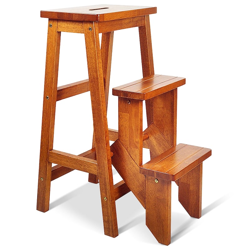 3 In 1 Folding Ladder Stool 3 Tier Step Bench Multifunction Shelf - Brown
