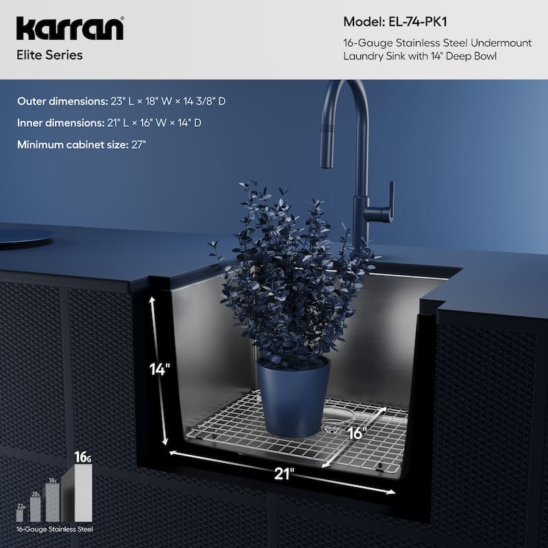 Karran Elite EL-74-PK1 Undermount 23" Single Bowl Stainless Steel Kitchen Sink