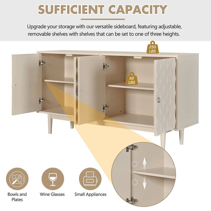 60" Modern 4-Door with Convex Pattern Doors and Silver Handles Buffet/Sideboard