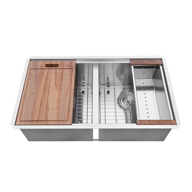 Ruvati 33-inch Workstation Ledge 50/50 Double Bowl Undermount 16 Gauge Stainless Steel Kitchen Sink - 15″ x 16″, 15″ x 16″