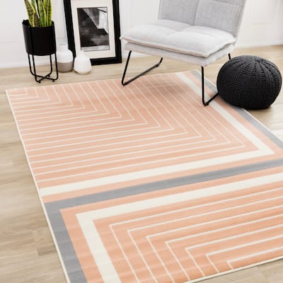 Forte Pink Grey White Angled Line Design, 5'3" x 7'5"