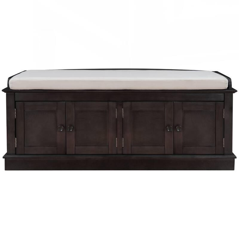 Storage Bench with 4 Doors and Adjustable Shelves, Shoe Bench with Removable Cushion for Living Room, Entryway
