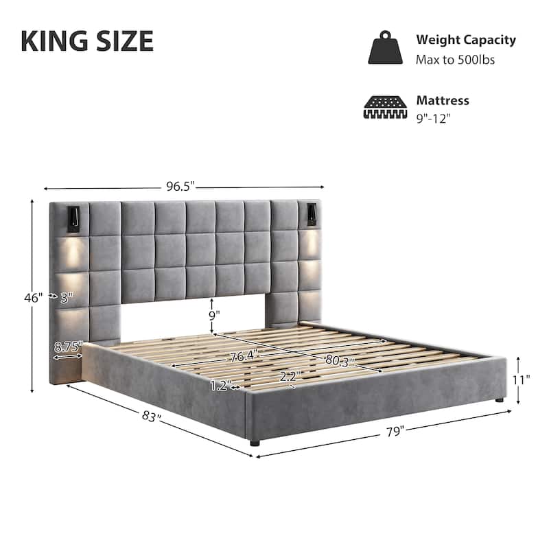 King Size Upholstered Bed Frame,With Wall Sconce And USB Port, Wide Headboard, Velvet, Gray
