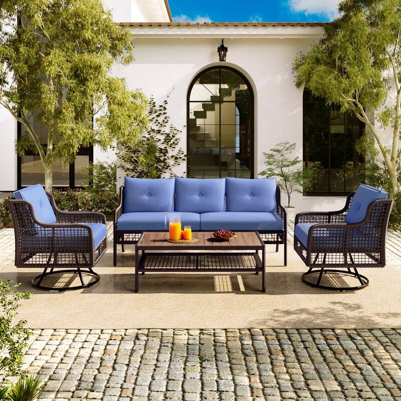 72.1''W Outdoor Conversation Wicker Sofas 4 Pieces Patio Furniture Set with Swivel Chairs - Blue