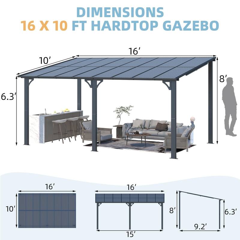 10X16Ft Outdoor Pergola Gazebo, Wall Mounted Lean to Awning Gazebo