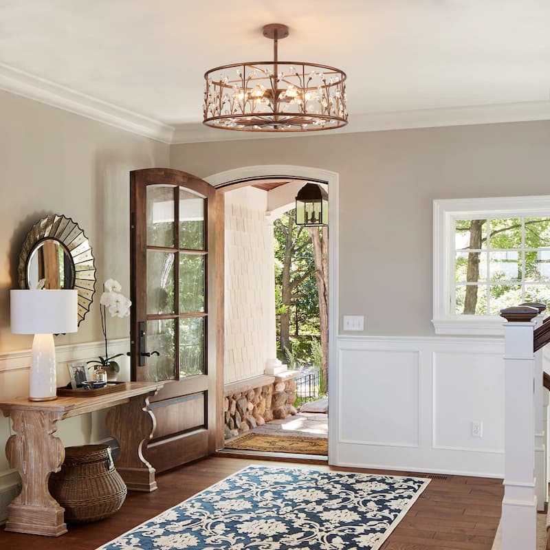 Rustic Antique Bronze Crystal Drum Chandelier for Dining Room - W23.62"
