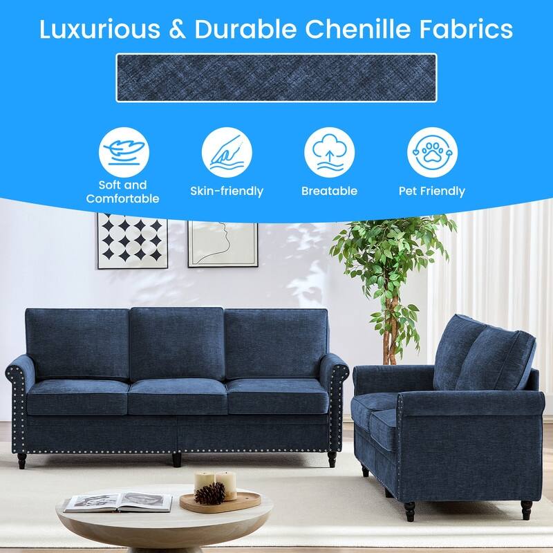 Mixoy 2 Piece Living Room Sofa Set with Riveted Design,Chenille Nailhead W76''3-Seater Sofa Couch with W53''Loveseat Sofa