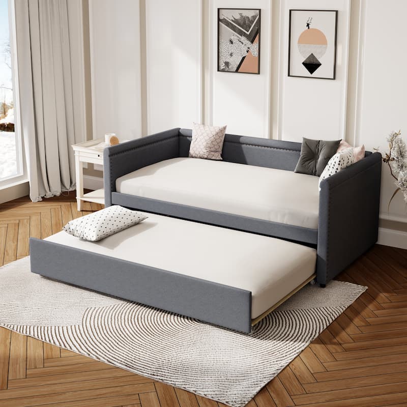 Modern Style Twin Size Upholstered Daybed with Trundle for Guest Room, Small Bedroom, Study Room, Beige - Gray