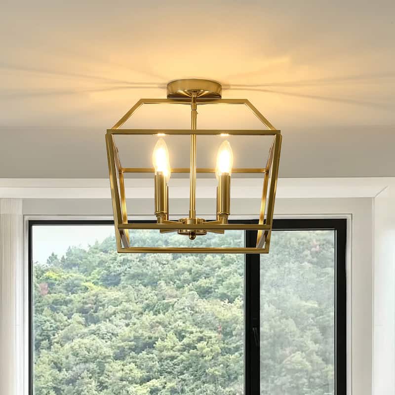 Modern 4 - Light Semi - Flush Mount, Gold Geometric Cube Design - Polished Brass