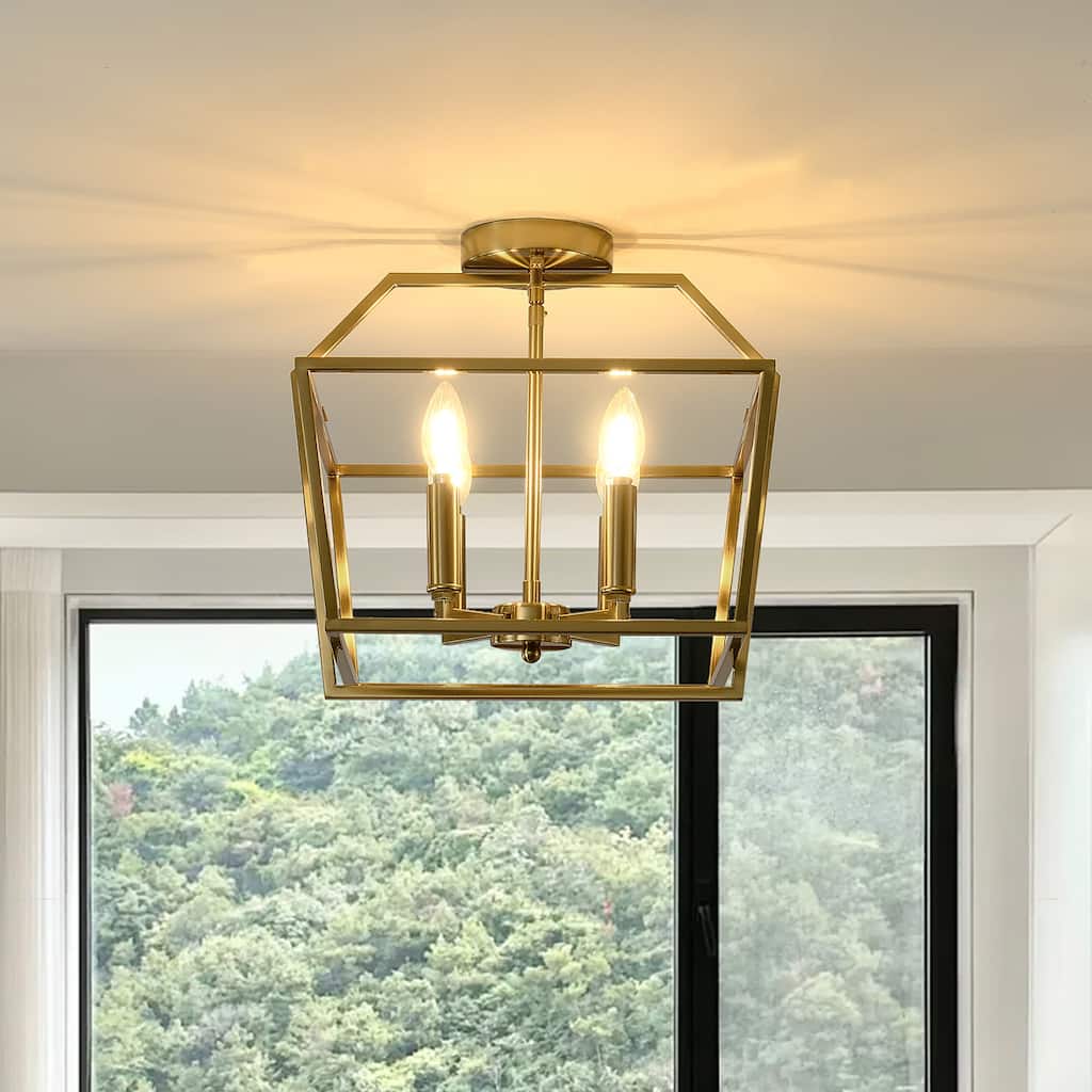 Modern 4 - Light Semi - Flush Mount, Gold Geometric Cube Design